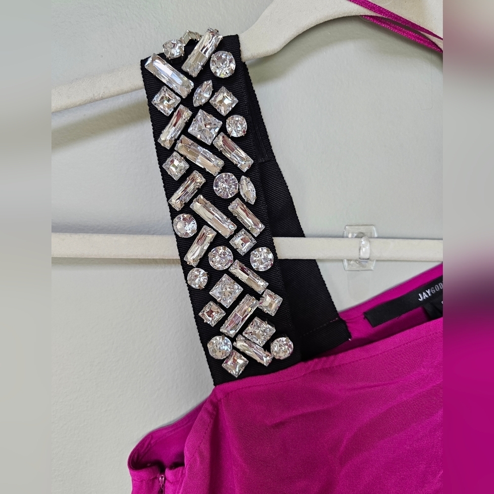 Jay Godfrey Size 0 Asymmetrical Magenta Silk Mini Dress Crystal Shoulder NEW! - Picture 3 of 8
